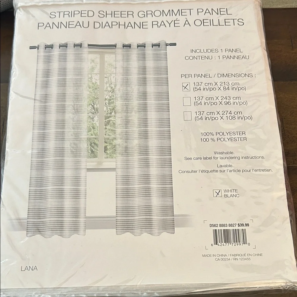 Distinctly Home Lana White Striped Sheer NWT Grey Grommet Panel Curtain 54Wx84L
